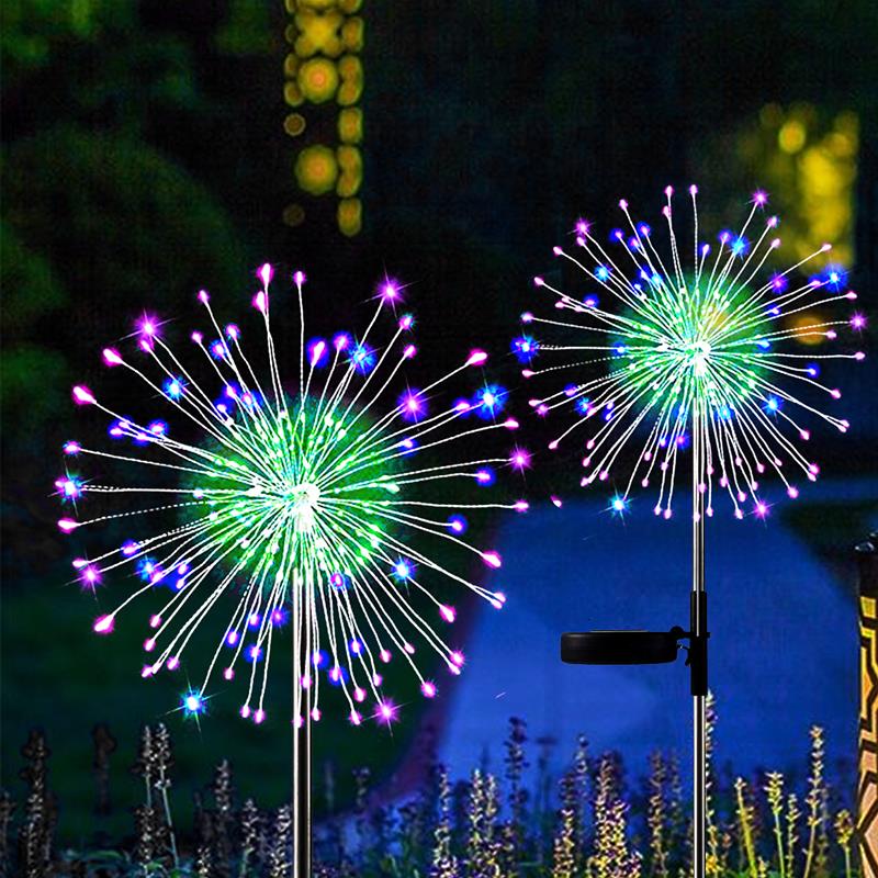 Fire Solar Firework Lights 120 LED Starburst Lights, 2 Pack Solar Garden Lights Outdoor Waterproof Pathway Lights, Copper Wire DIY Lights, 8 Modes Operated, for Patio Lawn Yard Party Decor